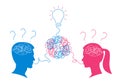 Man and woman dialogue with confused thoughts in their head and questions in their brain. Brainstorm process. Royalty Free Stock Photo